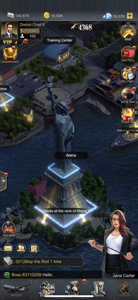 Legend City - A gameplay screenshot of Legend City showing the city harbor area with a statue landmark and game interface