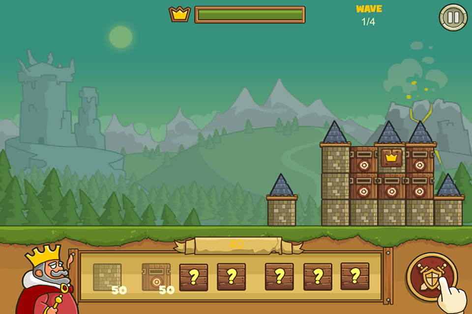 王国保卫战OL-我的超级黄金矿工(萝卜的世界) - Gameplay screenshot of a cartoon strategy game showing a king and a buildable castle fortress