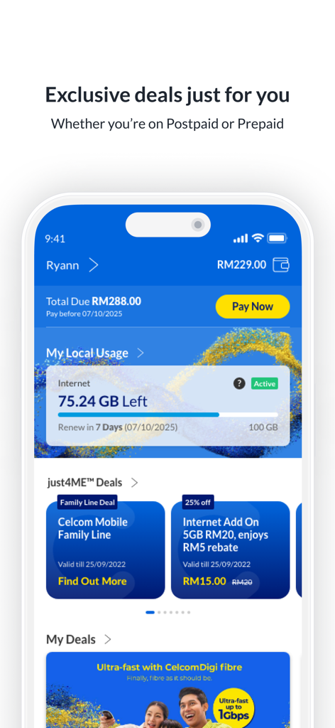 Celcom Life - Celcom Lifeアプリのダッシュボード。アカウント残高、インターネット使用量、パーソナライズされたオファーが表示されています