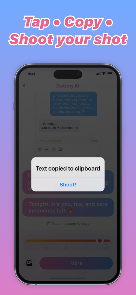 Plug AI: Rizz Dating Assistant - Plug AI Rizz App-Oberfläche, die eine Textnachricht zeigt, die für einen Dating-Chat in die Zwischenablage kopiert wurde