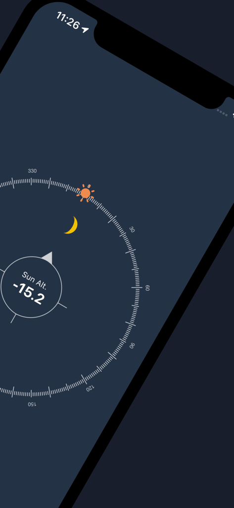 SunLocation - SunLocation app interface showing sun and moon positions on a compass with sun altitude tracking