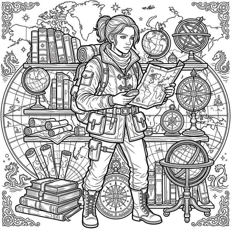 Step into a world of adventure with this captivating explorer coloring page, perfect for anyone fascinated by discovery and uncharted territories. This intricate design features a courageous navigator surrounded by vintage maps, globes, and ancient tools, ready to inspire your creative journey.