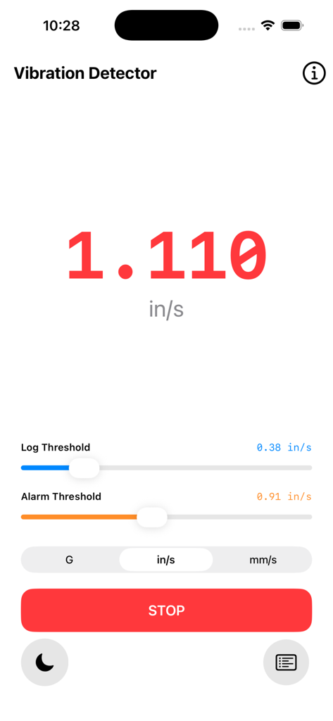 The Vibration Detector app interface showing a real-time vibration reading of 1.110 in per s with adjustable log and alarm threshold sliders.