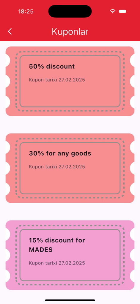 Bahar Store - Digital discount coupons screen in the Bahar Store app showing various percentage offers and expiration dates.