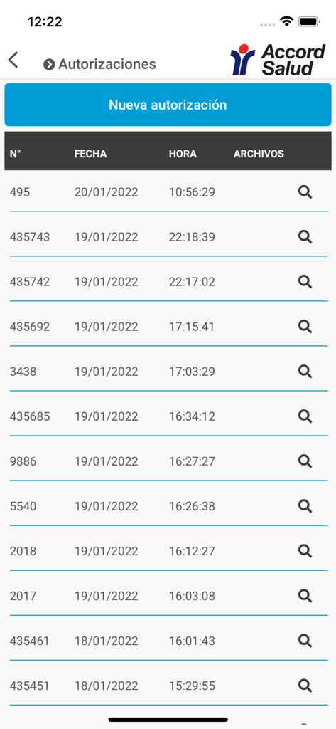 Accord salud - Interfaz de la app Accord Salud mostrando una lista de solicitudes de autorización médica con fechas y horas