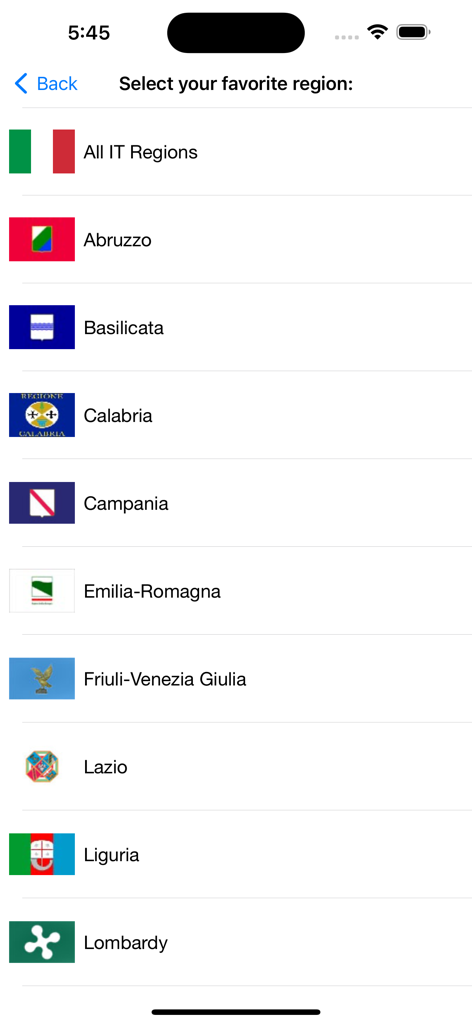 Analog Radio - A list of Italian regions with their respective flags for selecting radio stations in the Analog Radio app.