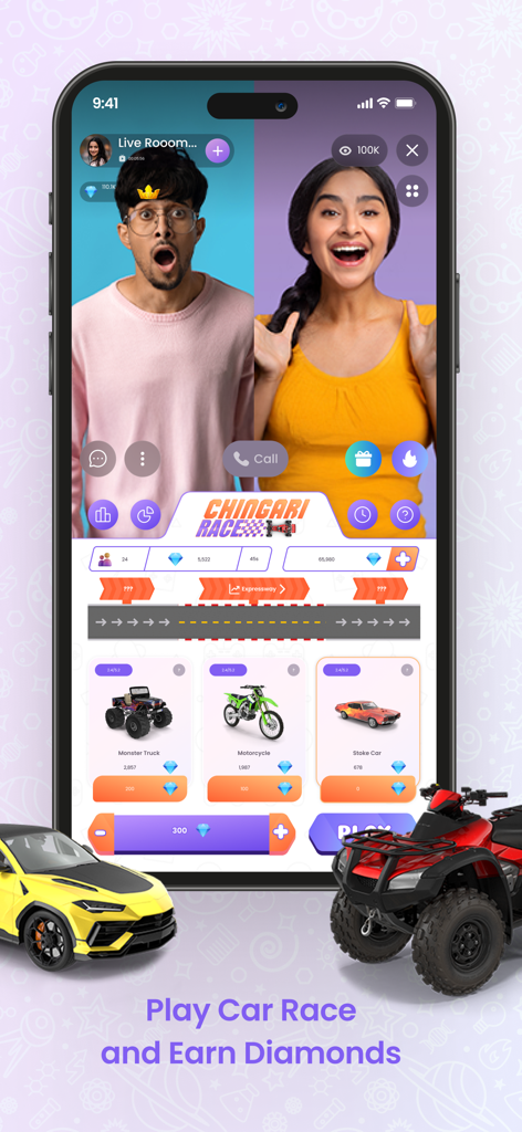 Chingari app screen showing a split screen live stream and a car racing game to earn diamonds