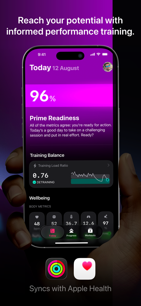 The Outsiders: Athlete Tracker - Aplicativo rastreador de atletas The Outsiders em um iPhone mostrando uma alta pontuação de prontidão de treinamento e métricas de carga de treinamento.