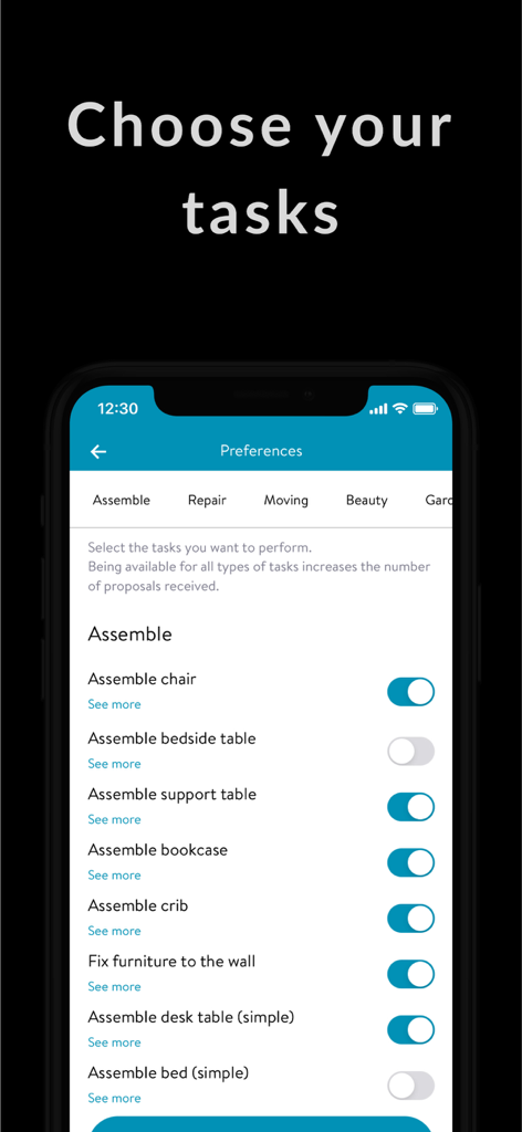 Oberfläche der Oscar Professional App mit einer Liste von Montageaufgaben zur Auswahl mit Schaltern.