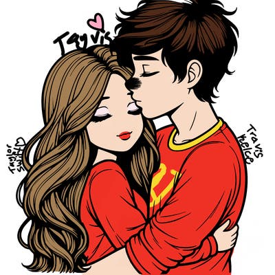 a realistic couple boy and girl hugging and kissing