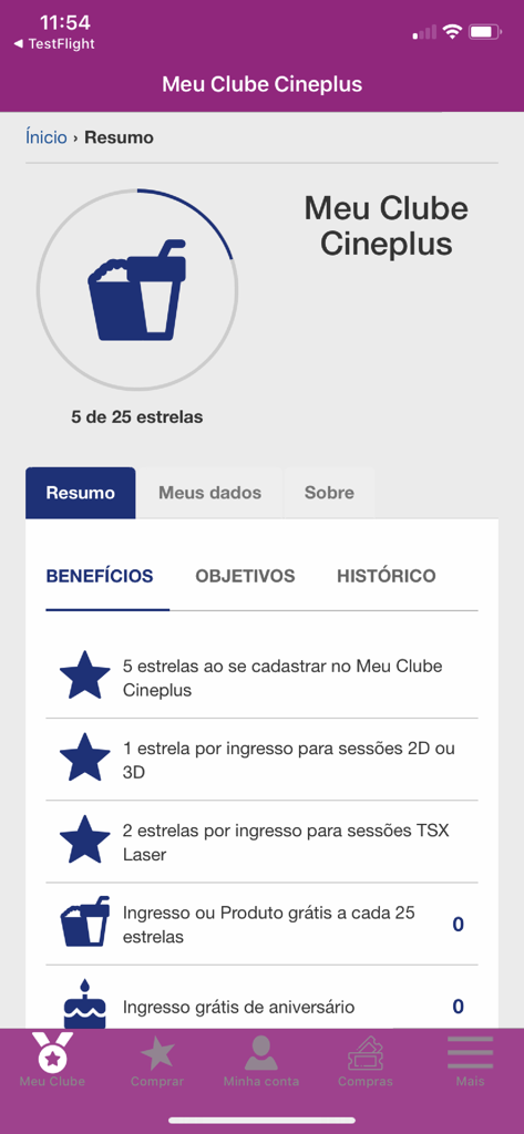Cineplus - Interface de l'application Cineplus montrant l'écran des récompenses du club de fidélité avec le statut des points et les avantages des membres.