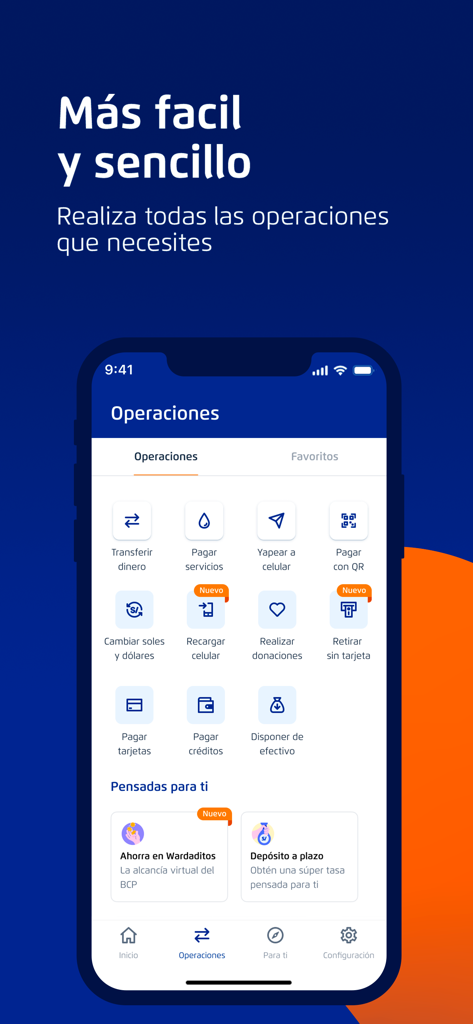 Interface of the Banca Movil BCP app showing a menu of banking operations such as transfers and bill payments