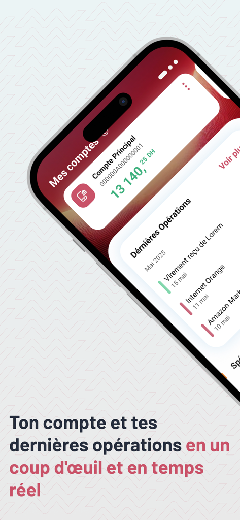 L'bankalik - Lbankalik mobile app dashboard showing account balance in Moroccan Dirhams and recent transactions