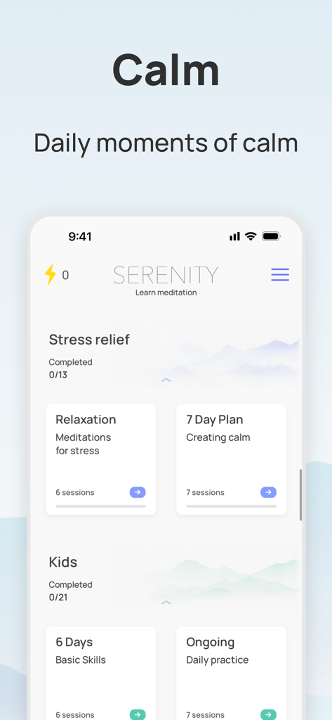 Dashboard dell'app di meditazione Serenity che mostra vari piani per alleviare lo stress e rilassarsi.