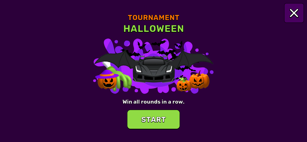 Race Survival Arena King - Bildschirm des Halloween-Turniers mit einem schwarzen Supersportwagen mit Fledermausflügeln und Kürbislaternen in Race Survival Arena King.