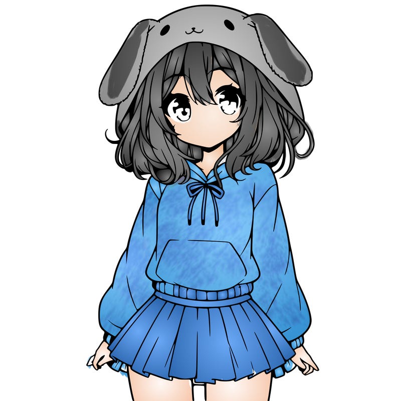 pretty anime girl wearing a fluffy hoodie with bunny ears on the hood and a skirt