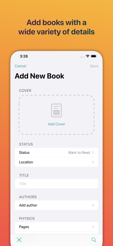 Home Library Manager - Leto - Add New Book screen in Leto app showing fields for title author and reading status