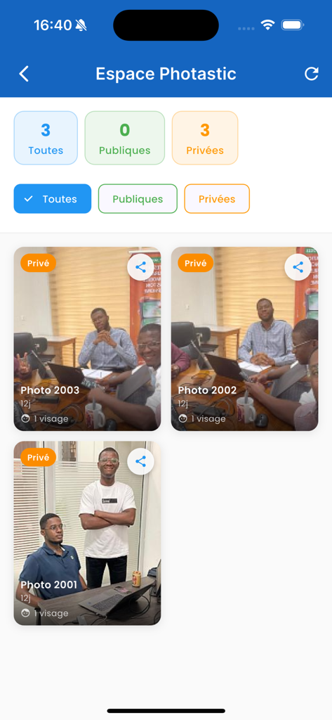 Photo gallery interface within the FANAF 2026 Networking app featuring private business event photos