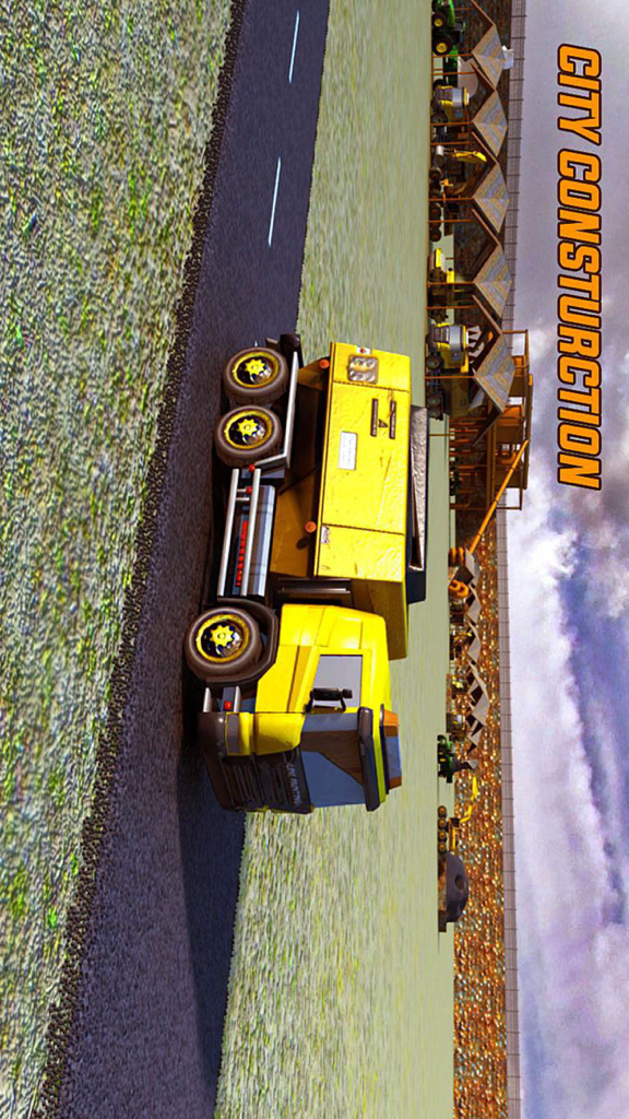 A yellow truck driving through a city construction site in a 3D simulator game