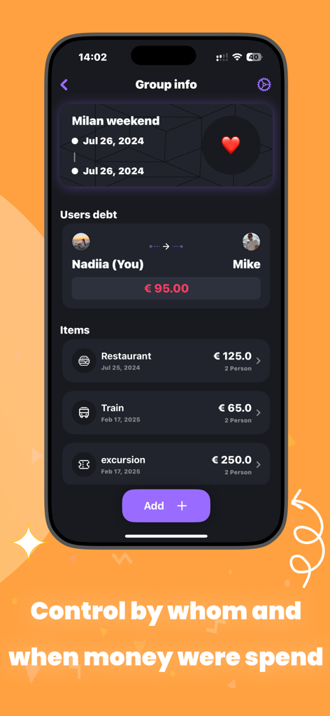 Cost Split Payments: Settle Up - Interfaz de una aplicación móvil que muestra gastos de viaje compartidos y deudas para un viaje grupal