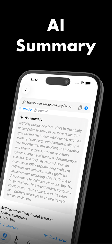 Auto Clicker - Auto Click AI - Interfaccia dell'app mobile che mostra un riassunto generato dall'IA di un sito web