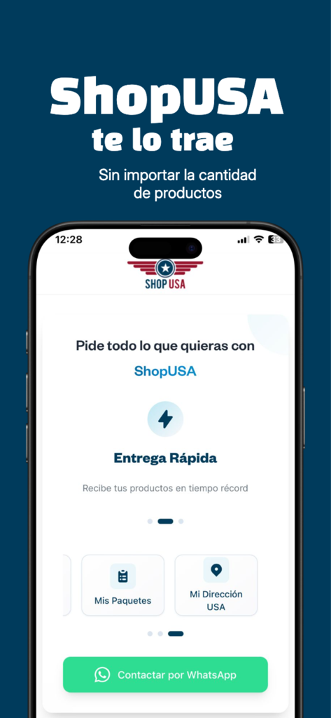Shop USA - Shop USA mobile app interface showing package tracking and fast delivery options in Spanish