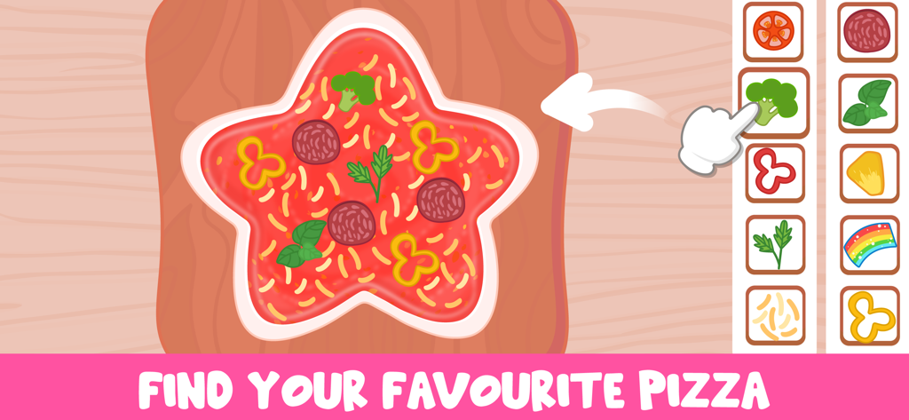 Pizza Maker Kids Cooking Games - Decorating a star shaped pizza with various toppings in a kids cooking game