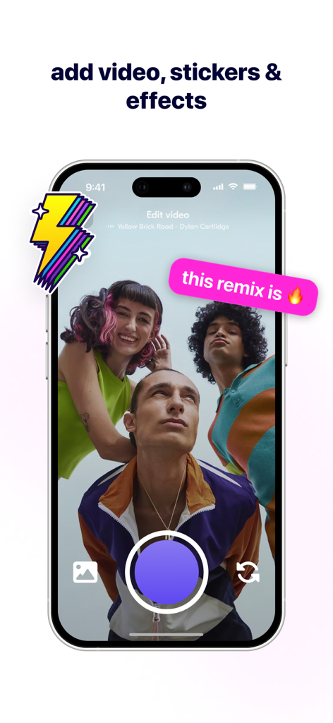 Hook app interface showing video editing tools with creative stickers and music remix effects