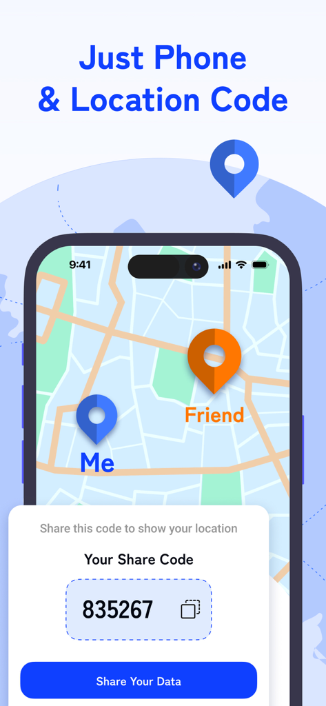 GPS Phone Locator Link Tracker - GPS Phone Locator app screen showing a map with user and friend locations and a share code popup