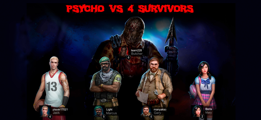 Horrorfield Multiplayer Horror - Horrorfieldゲームメニューにいる4人の生存者と1人の猟奇殺人鬼キャラクターのグループ