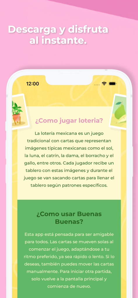 Buenas - Baraja de Loteria - Pantalla de instrucciones para la app Buenas Baraja de Loteria explicando cómo jugar y usar la baraja digital