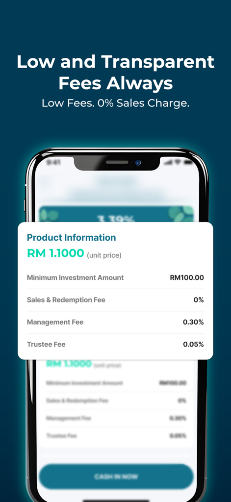 Versa app screen showing transparent investment fees and 0 percent sales charge