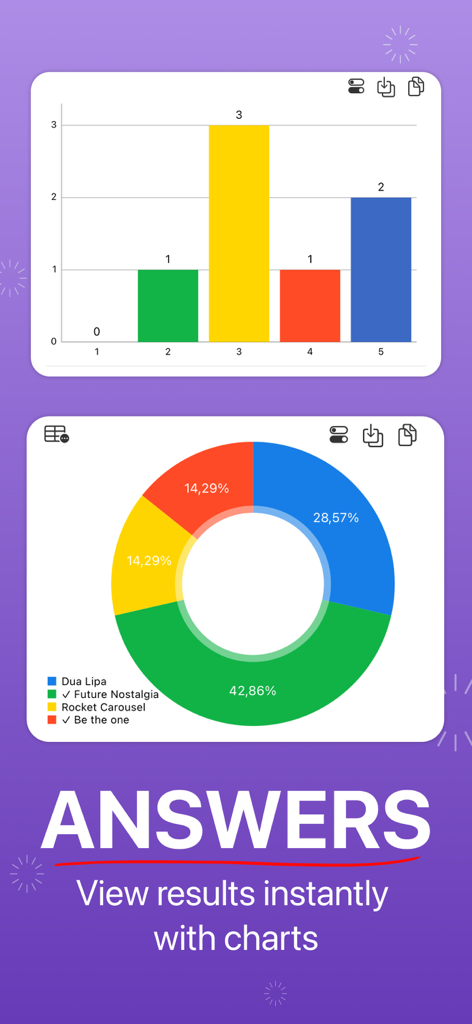 Forms for Google Drive ™ - Interface showing bar and donut charts representing Google Forms survey results and answers analytics.