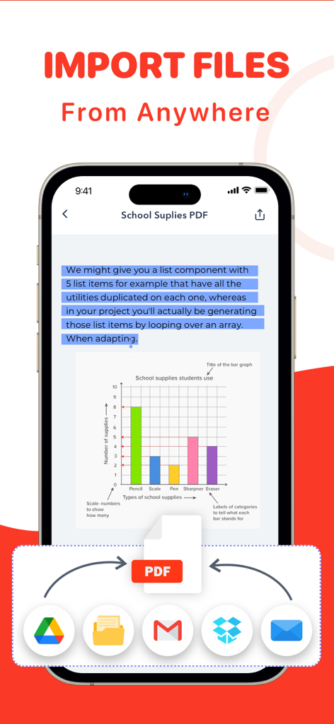Interfaccia dell'app del convertitore PDF che mostra le opzioni per importare file da Google Drive, Dropbox e Gmail per la conversione in PDF.