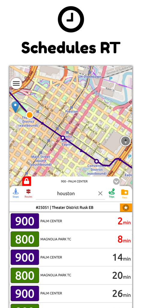 Houston Transit Metro - Houston Metro app showing real-time bus and rail arrival schedules with an interactive map.
