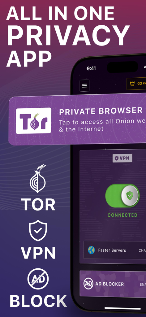 TOR Browser: VPN+Onion+Adblock - VPN 양파 및 광고 차단 기능이 있는 TOR 브라우저 앱 인터페이스
