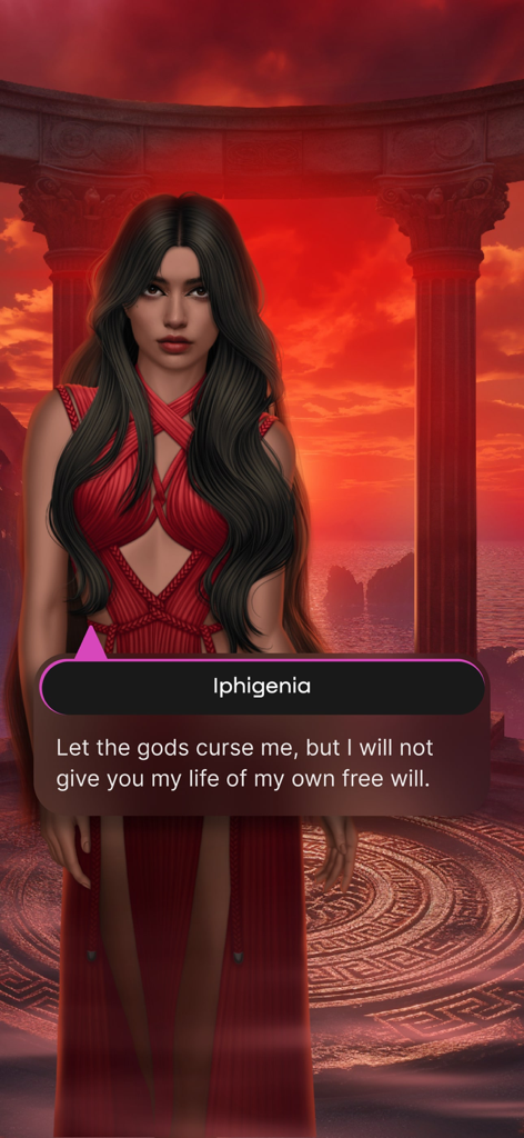 Ifigenia con un vestido rojo parada en un templo griego al atardecer en el juego Lovel