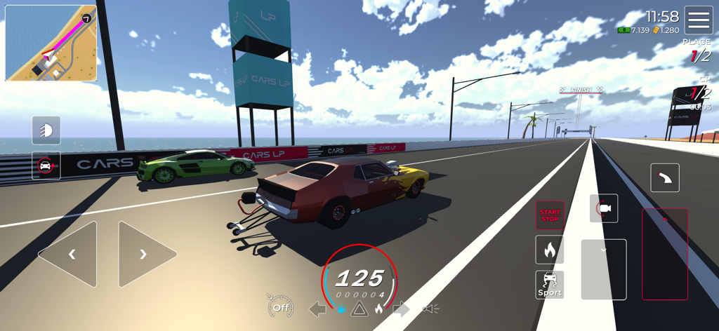 Cars LP - Extreme Car Driving - A brown muscle car racing a green sports car on a seaside track