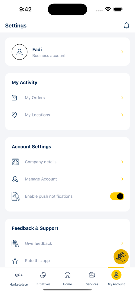 Wakilni - Wakilni 앱 계정 설정 페이지에 비즈니스 프로필, 사용자 활동 및 회사 세부 정보가 표시됩니다.