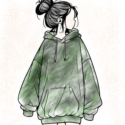 realistic girl with a oversized sweatshirt on and a bun