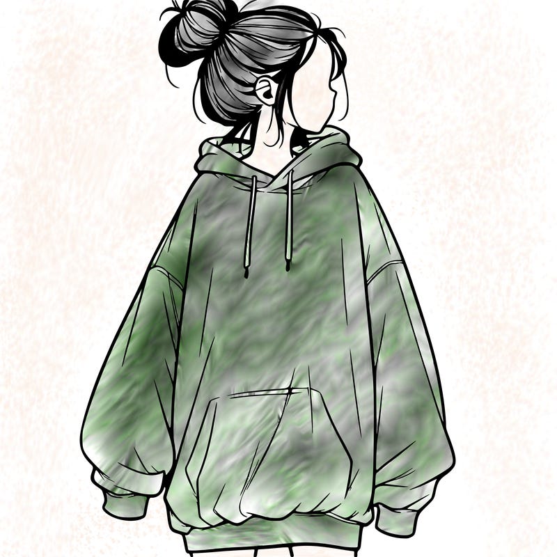 realistic girl with a oversized sweatshirt on and a bun