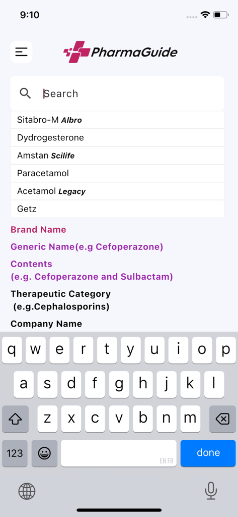 PharmaGuide - PharmaGuide clinical search interface showing predictive results for drug brands and generic names on a mobile device.