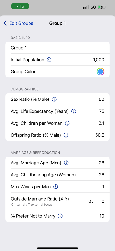 Populion app interface for setting group demographics and reproduction parameters.