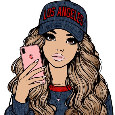 realistic beautiful girl wearing los ángeles cap holding an iphone
