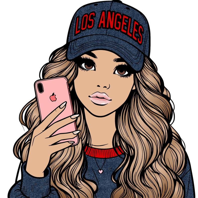 realistic beautiful girl wearing los ángeles cap holding an iphone