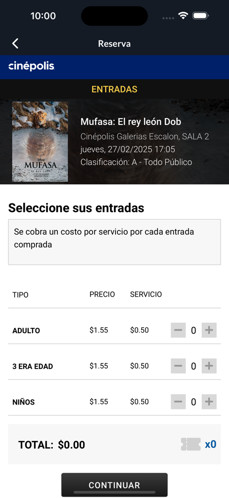 Cinepolis El Salvador - Pantalla de selección de boletos en la aplicación Cinépolis El Salvador que muestra precios para adultos, personas mayores y niños