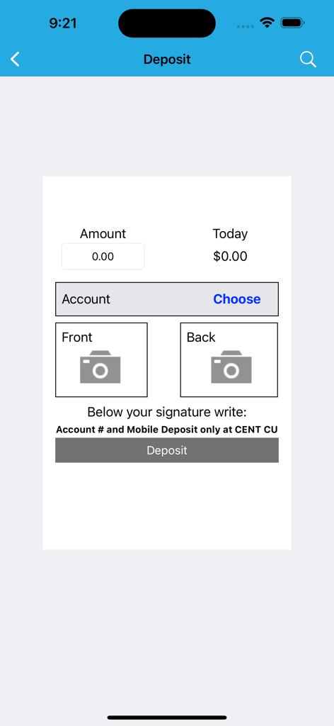 CENT CUアプリのモバイル小切手入金画面。表と裏の写真撮影エリアと口座選択機能があります。