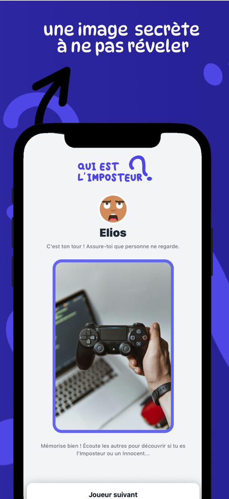 Qui est l’imposteur ? - Écran de jeu mobile de Qui est l'imposteur montrant une photo secrète d'une manette de jeu vidéo qu'un joueur doit mémoriser.
