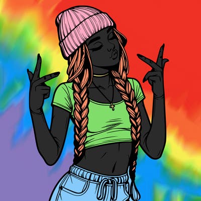 realistic teenage girl with braids and a beanie and crop top doing 🫶🏼