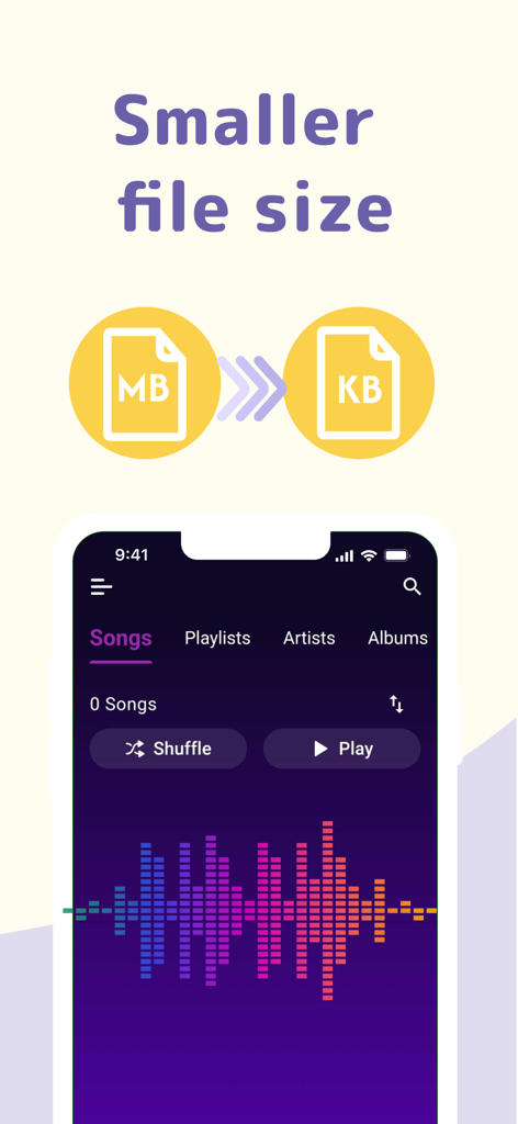 Convert Video to MP3-ClipSong - ClipSongモバイルアプリの画面。MBからKBへのファイルサイズ縮小変換を表示。